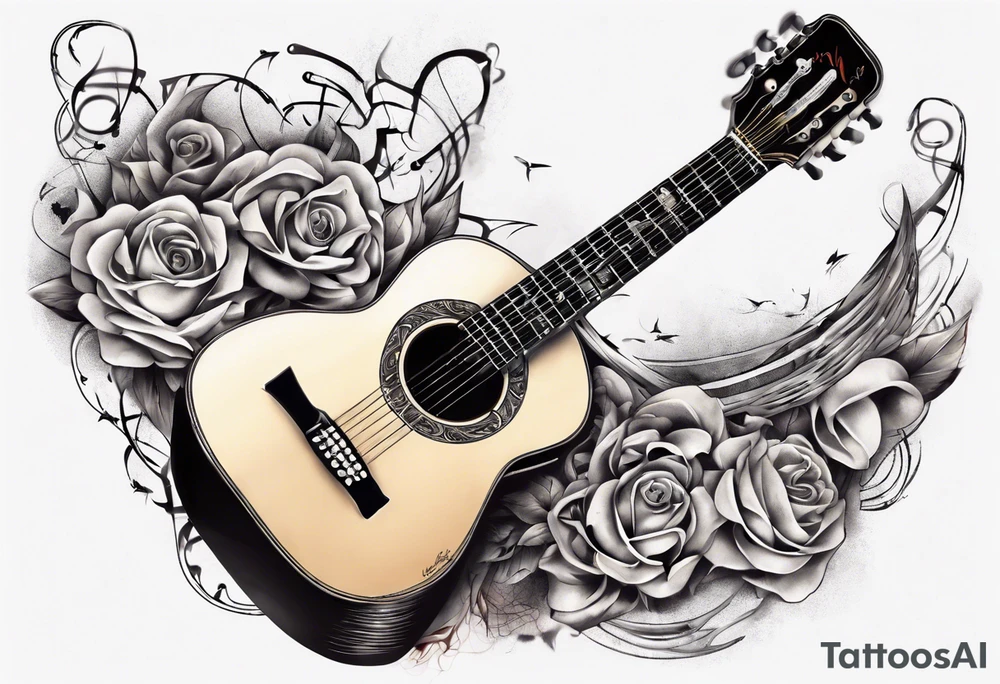 Acoustic Guitar neck with strings made of signatures emerging from skin tattoo idea
