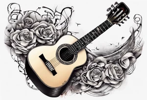 Acoustic Guitar neck with strings made of signatures emerging from skin tattoo idea