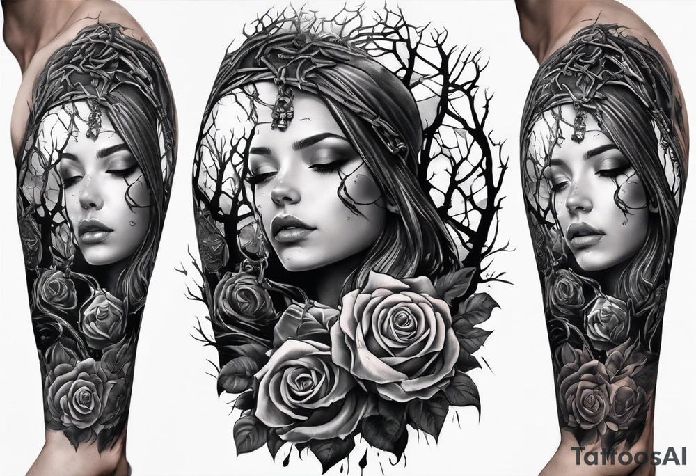 tattoo fool sleeve, tree roots break out of the chains, broken mask, girl, roses, medieval, dark castle tattoo idea