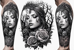 tattoo fool sleeve, tree roots break out of the chains, broken mask, girl, roses, medieval, dark castle tattoo idea