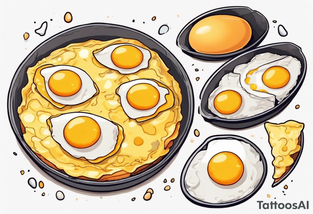 A round, thin omelette made from five eggs, with a triangular piece cut out containing the yolk tattoo idea