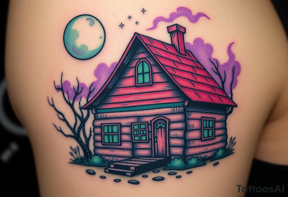 Tim Burton’s haunted pastel wood cabin home is abandoned and dripping with muted reds, dusty pinks, and eerie green glow.purple and cyan smokey clouds swirl in the crescent moonlit sky thats sprinkled with stars tattoo idea tattoo idea
