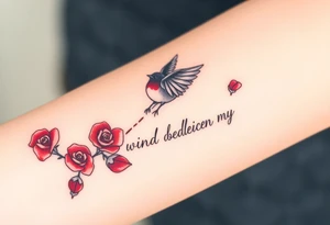 Soaring robin with trail of red rose petals with writing saying wind beneath my wings tattoo idea