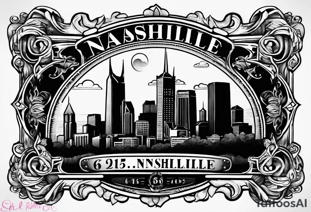 Number 615 with nashville skyline inside tattoo idea