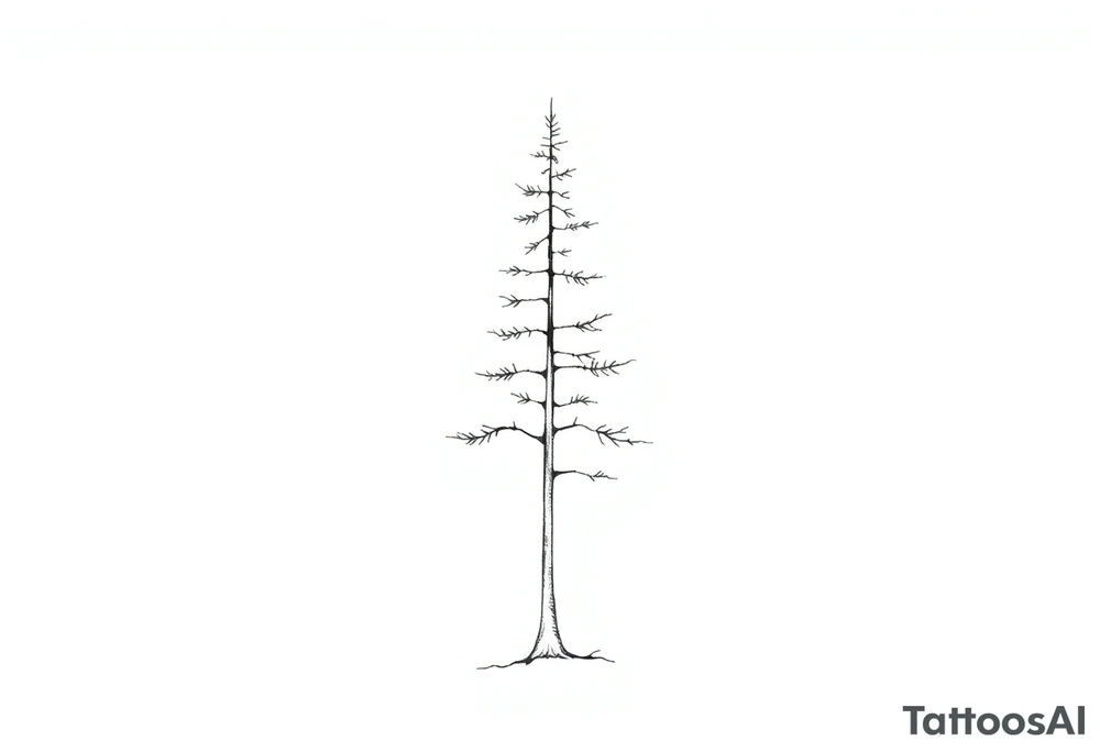 A slender pine tree with a continuous thin outline that flows smoothly from the tip of the tree to the base of the trunk. Inside the trunk, faint horizontal lines or delicate curves suggest subtle “growth rings” (like those seen in real trees), but they remain understated to maintain a clean and minimalist aesthetic. tattoo idea