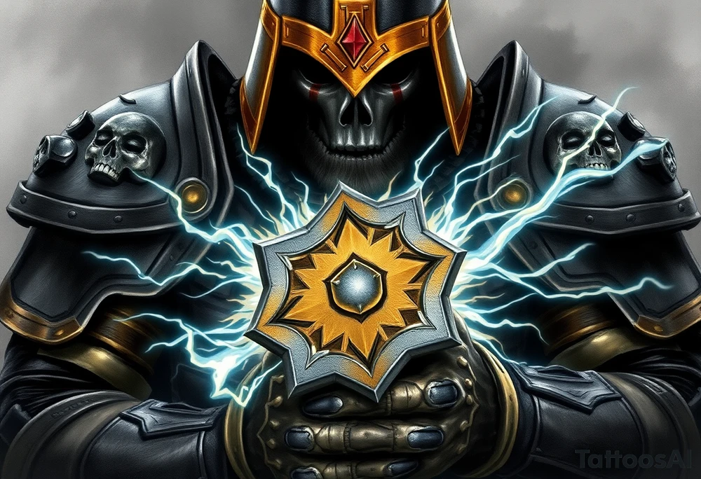 Warhammer, the Old World. A warrior priest of Sigmar holding The Warhammer of Sigmar. The Warhammer of Sigmar is radiating thunderous energy. The Warhammer is held by the warrior priest with both hands at the handle with a firm grip inorder to contain its unlimited energy, upon his chest level. The Warrior priest is wearing dark alloyed heavy armour (reference armor from warhammer vermintide 2 Victor Saltzpyres, the warrior priest of Sigmar class) with skull sigils on his shoulder pads. The warrior priest is wearing a helmet, while the helmets front visor has an humanoid face covering. The helmet and armour are gladened with hints of gold and crimson red. The Warhammer is silverish and golden with a long handle tattoo idea