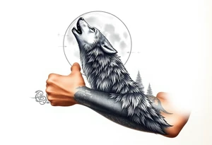 lone wolf howling at full moon with northern lights backdrop tattoo idea
