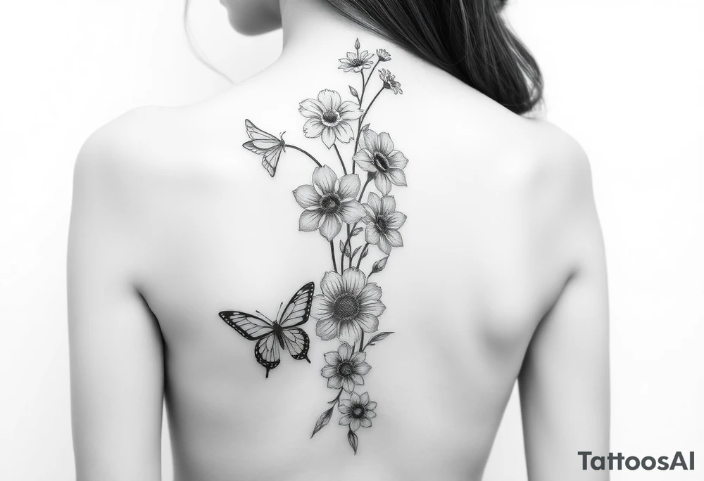 Singular Delphinium, violet, narcissus, rose, daisy vertically down the spine not connected with butterflies tattoo idea