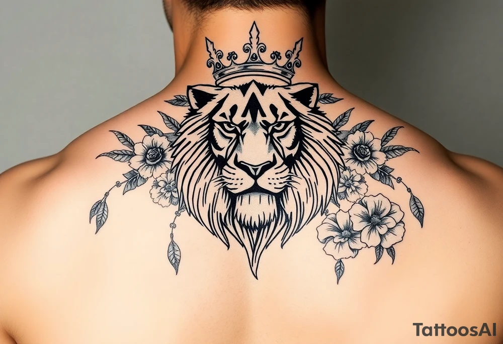 powerful majestic lion with a crown, surrounded by floral ornaments and birds tattoo idea