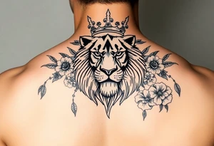 powerful majestic lion with a crown, surrounded by floral ornaments and birds tattoo idea