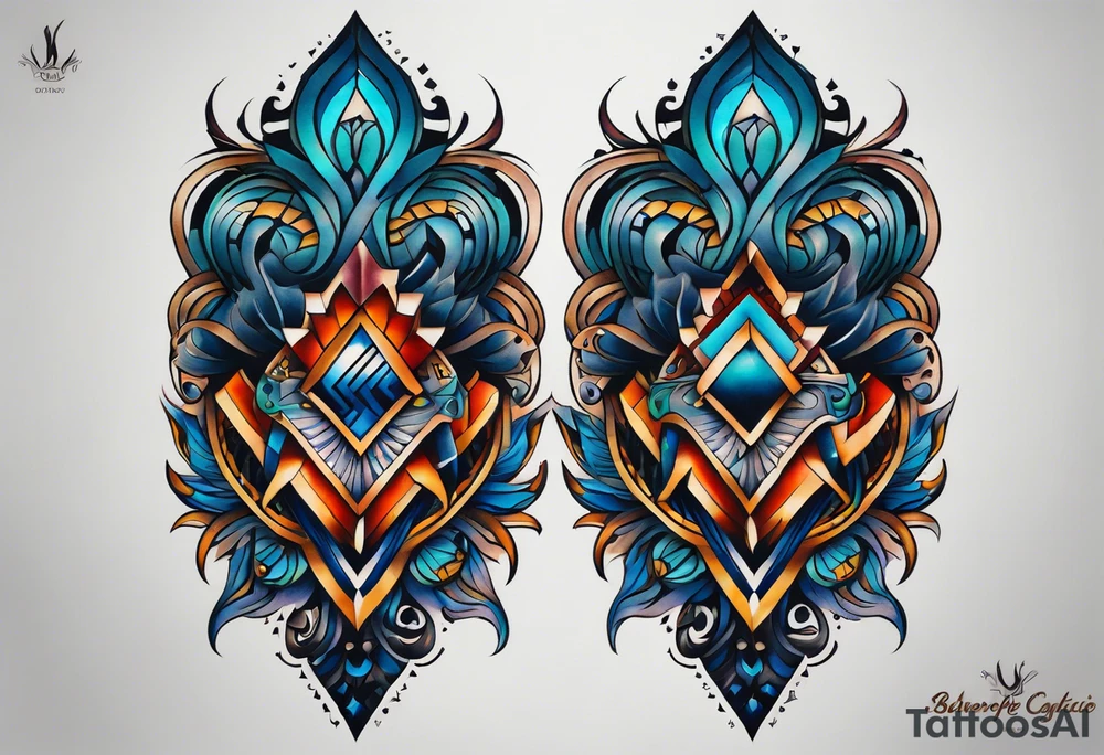 semi Detailed neo traditional knee tattoo flat on paper. The tattoo features geometric patterns and bold lines, creating a visually striking design with slight tints of deep fall colors. outside the tattoo features deep blues washes and water swirls tattoo idea