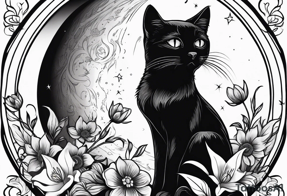 Photo realistic black cat with moon and flowers tattoo idea