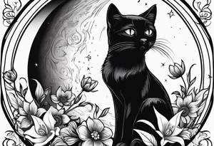 Photo realistic black cat with moon and flowers tattoo idea