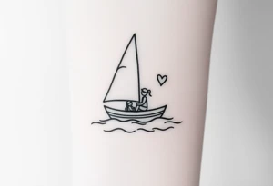 Create a simple sailboat sailing on the ocean. Add a boy and a girl in the boat. Add a heart. tattoo idea