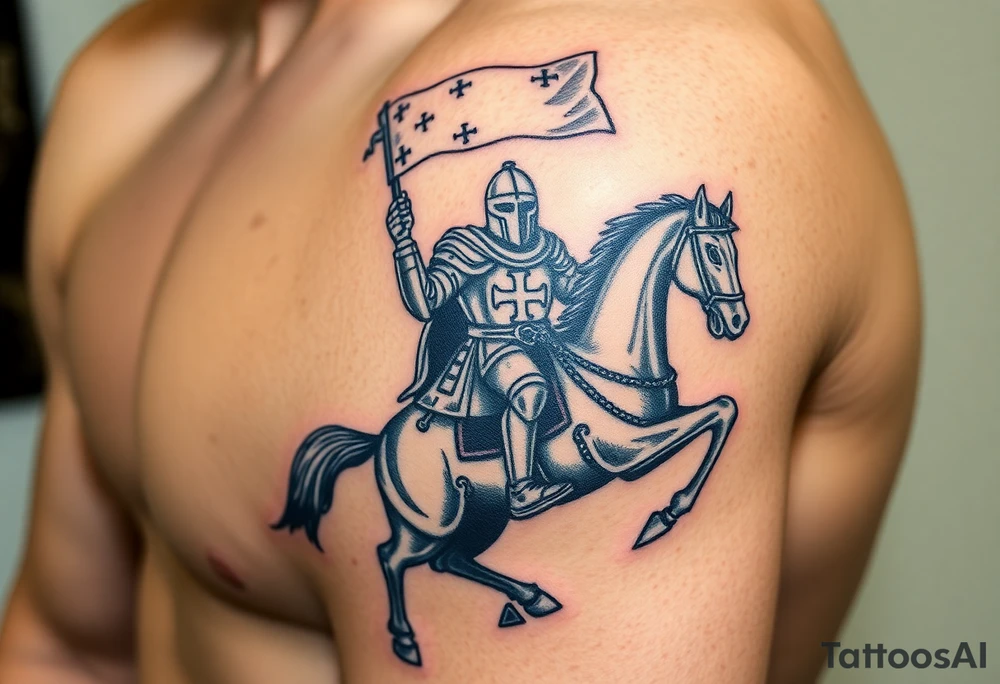 A medieval knight holding a banner with the Templar cross, riding into battle on a warhorse tattoo idea