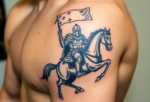 A medieval knight holding a banner with the Templar cross, riding into battle on a warhorse tattoo idea