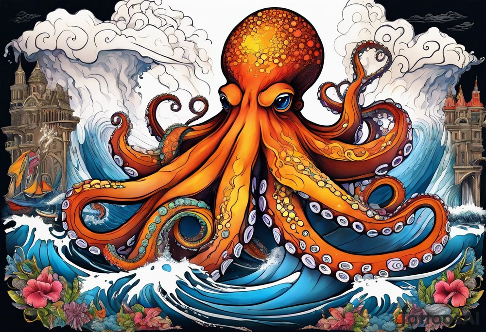 Octopus, volcano eruption, bridge tattoo idea