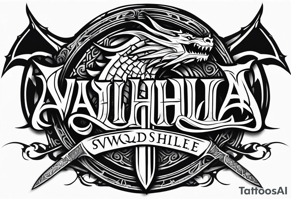Valhalla sword shield dragon axe tattoo idea