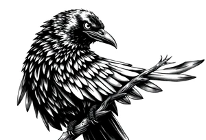 evil raven looking over its shoulder on a branch tattoo idea