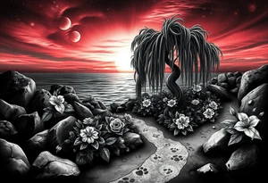 Sunset galaxy. Rocky Dark Ocean.  fairies, mermiads, dragons  weeping willow garden with roses and lilies flower beds,,  cat paw prints path in dirt. tattoo idea