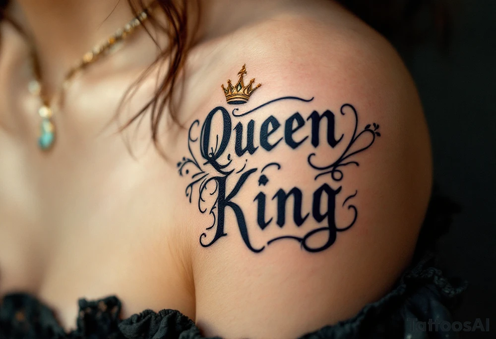 A vintage mirror reflecting the word "Queen" in gold and "King" in black gothic lettering. tattoo idea