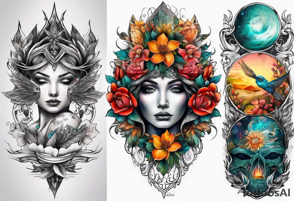 Full sleeve nature with birth months April and December tattoo idea