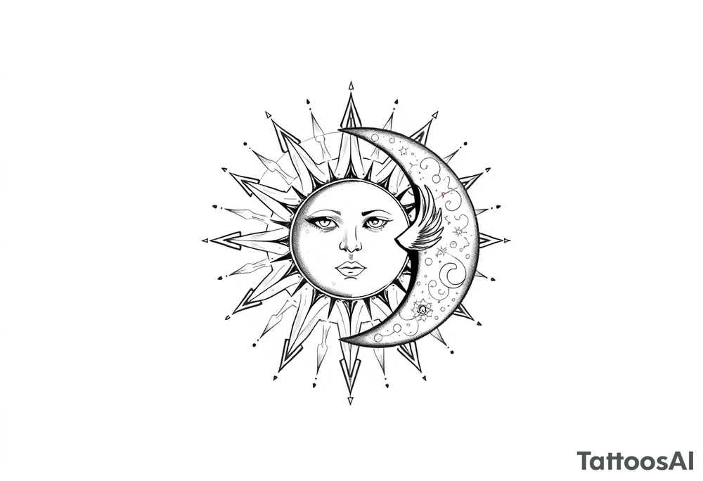celestial sun and moon embrace with constellation patterns tattoo idea