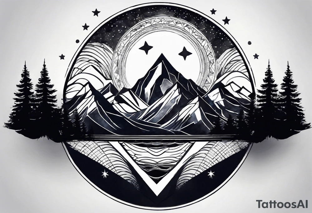 Mountain Massif, one Peak, only peak surrounded woth semi circle dashed Line, in semi circle two littel fine Stars, waves overlapping in Side, Open geometrical Forms Like Diamond with Open lines tattoo idea