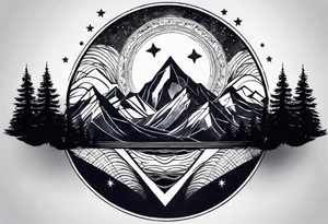 Mountain Massif, one Peak, only peak surrounded woth semi circle dashed Line, in semi circle two littel fine Stars, waves overlapping in Side, Open geometrical Forms Like Diamond with Open lines tattoo idea