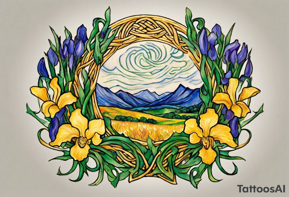 Create a small colorful Vincent van Gogh Irises tattoo in the form of a crescent, with vines or Celtic knots gracefully intertwining at a central point in the middle of the wreath.  In the middle of the wreath are mountains and other items found in New Mexico. Ensure that the design avoids the appearance of a bush and maintains a more structured and deliberate arrangement. The intended placement is on the upper chest. The overall design should be small in size while maintaining a delicate and artistic aesthetic. Pay attention to the graceful flow of the vines and the placement of the irises to achieve a refined and elegant look. tattoo idea