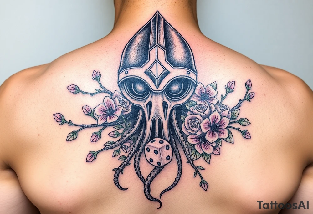 squid knight helmet combined with tree roots, cherry blossoms and roses rolling dice tattoo idea