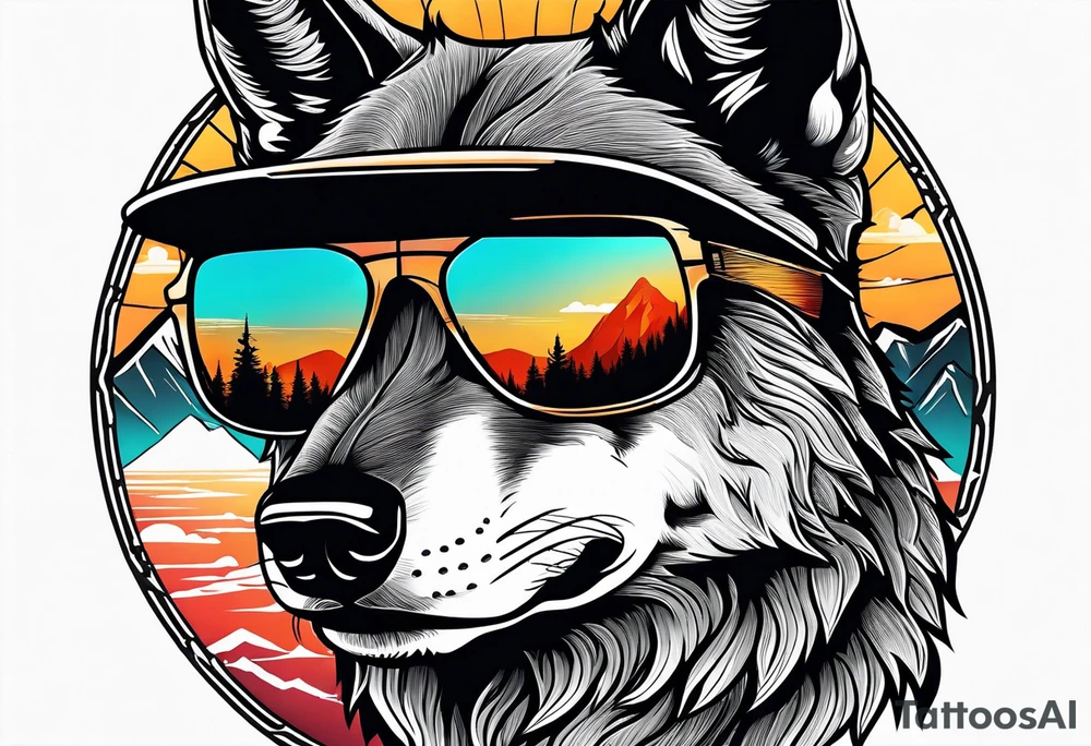 Badass wolf wearing sunglasses
Dark woods
Mountain peaks
Sunset tattoo idea