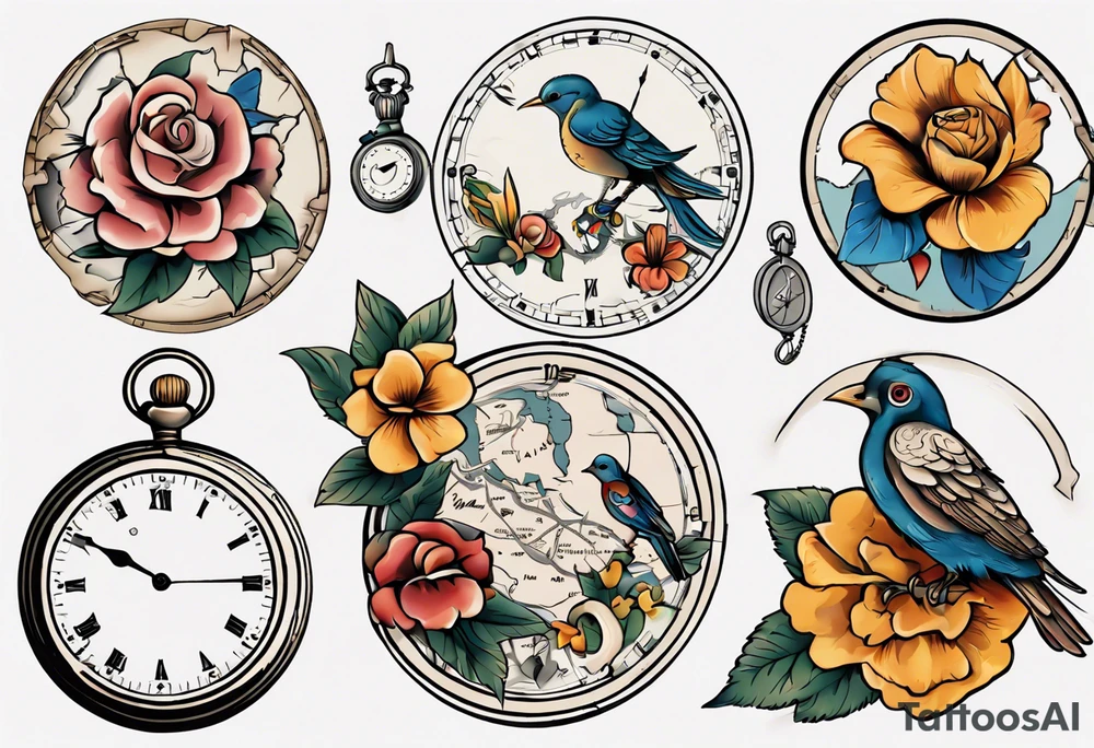 pocket watch, map , flower , bird tattoo idea