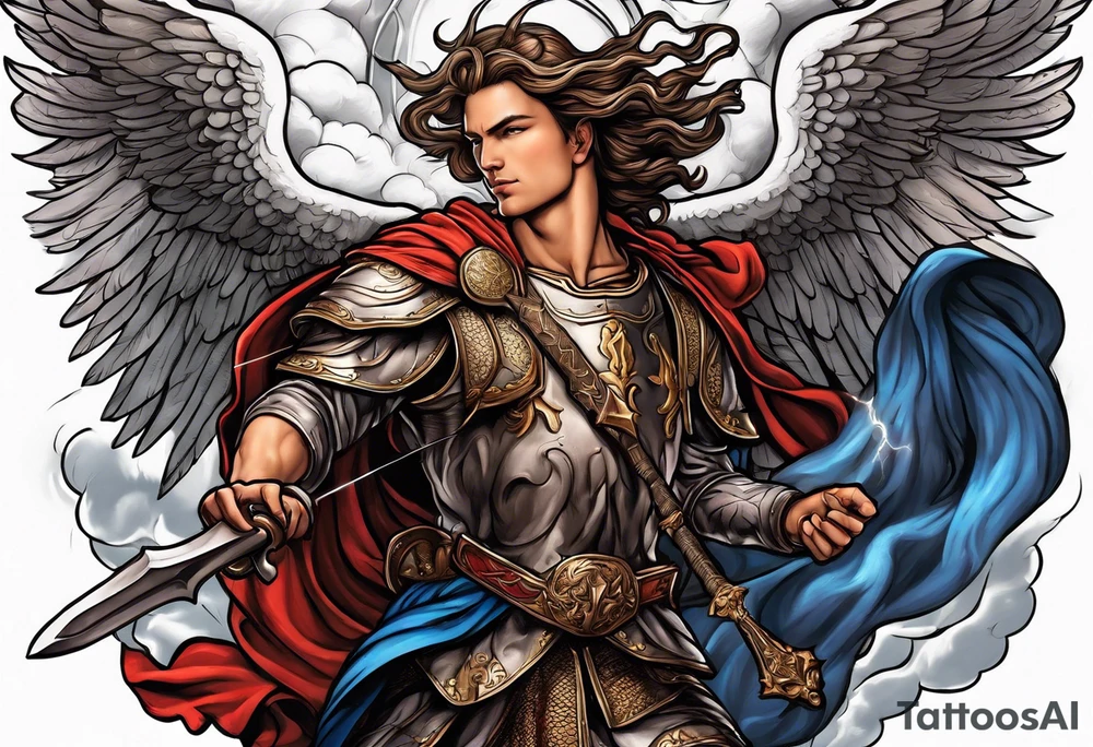 Michael the Archangel defeating the devil.  clouds and lightning in background tattoo idea