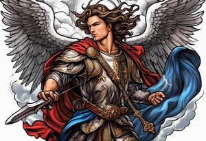 Michael the Archangel defeating the devil.  clouds and lightning in background tattoo idea