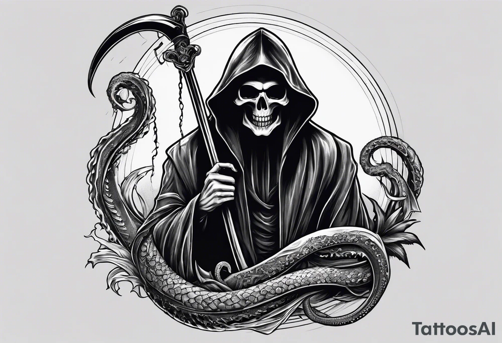 Grim reaper with a kraken in the background tattoo idea