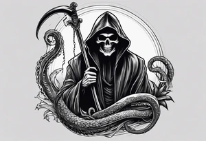 Grim reaper with a kraken in the background tattoo idea