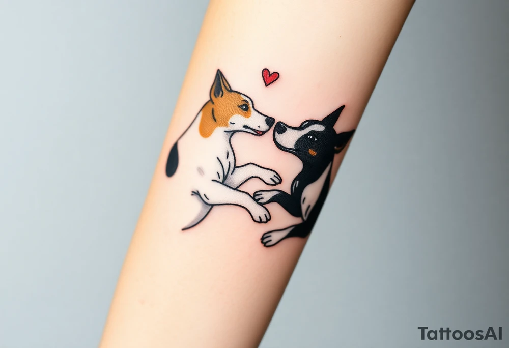 rednose pitbull and black and white blue heeler dogs playing together tattoo idea