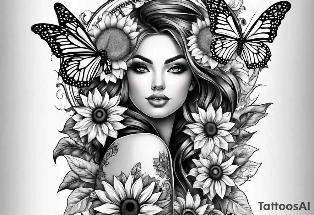 arm sleeve with winged cross, rainbow sunflowers and butterflies tattoo idea