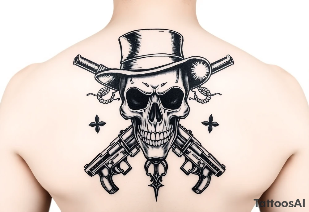 voodoo skull, top hat, dead man card had six guns tattoo idea