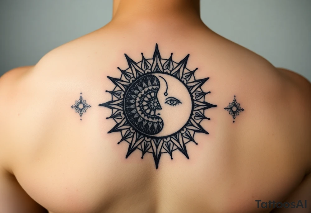 celestial sun and moon embrace with constellation patterns tattoo idea
