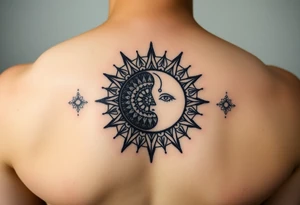celestial sun and moon embrace with constellation patterns tattoo idea