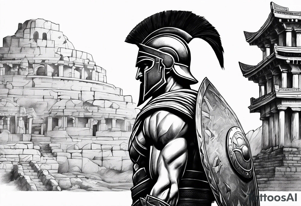 Side profile Spartan Solider ancient city in background tattoo idea