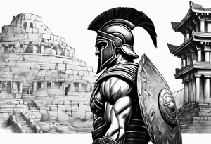 Side profile Spartan Solider ancient city in background tattoo idea