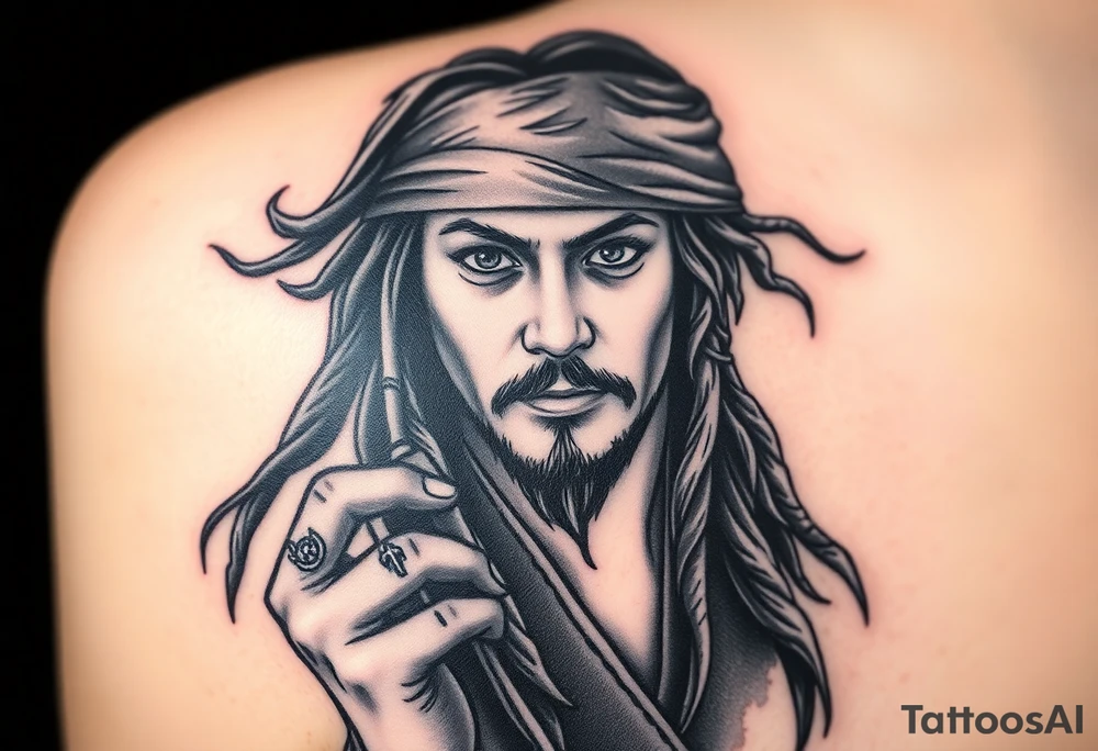 A dramatic black-and-gray portrait of Jack Sparrow with his head slightly tilted, holding a compass in one hand, with wind-blown dreadlocks and an intense gaze tattoo idea