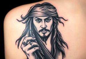 A dramatic black-and-gray portrait of Jack Sparrow with his head slightly tilted, holding a compass in one hand, with wind-blown dreadlocks and an intense gaze tattoo idea