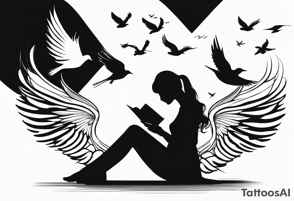 Kneeling Girl with angel wings, side profile, holding a stack of books that are open with silhouettes of birds flying out of them tattoo idea