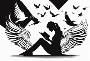 Kneeling Girl with angel wings, side profile, holding a stack of books that are open with silhouettes of birds flying out of them tattoo idea