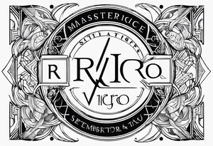Virgo and Sagittarius zodiac signs with letter RR and date September 11 tattoo idea
