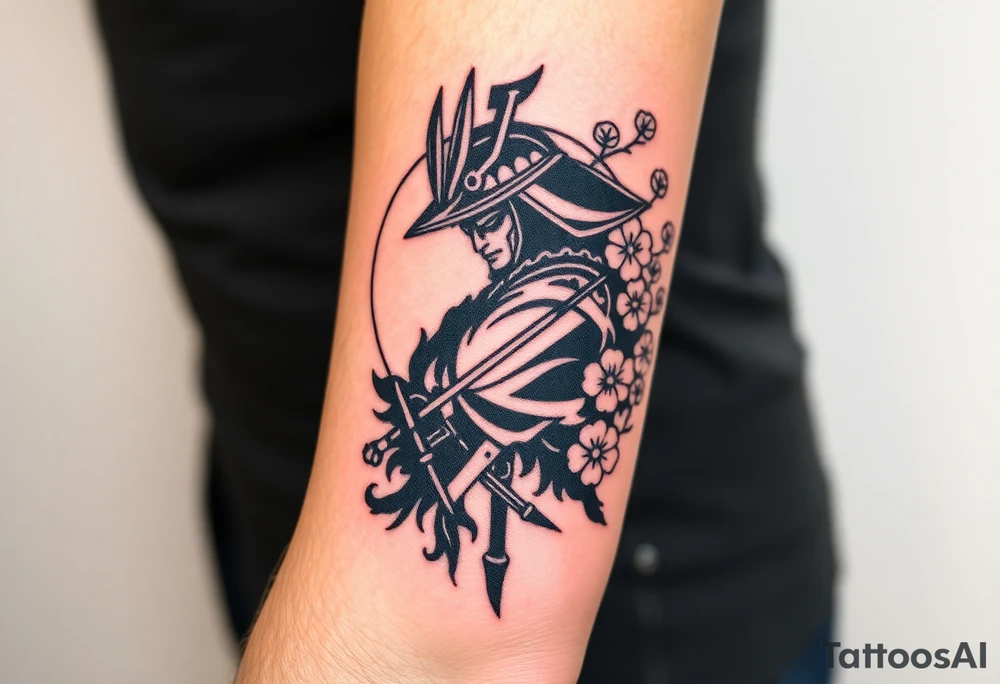 noble samurai warrior silhouette at sunset with cherry blossoms tattoo idea